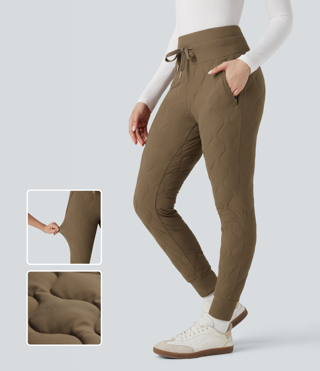 PuffFlex High Waisted Drawstring Casual Quilted Joggers with Pockets — Chestnut Brown — view 1