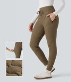 PuffFlex High Waisted Drawstring Casual Quilted Joggers with Pockets — Chestnut Brown — view 1