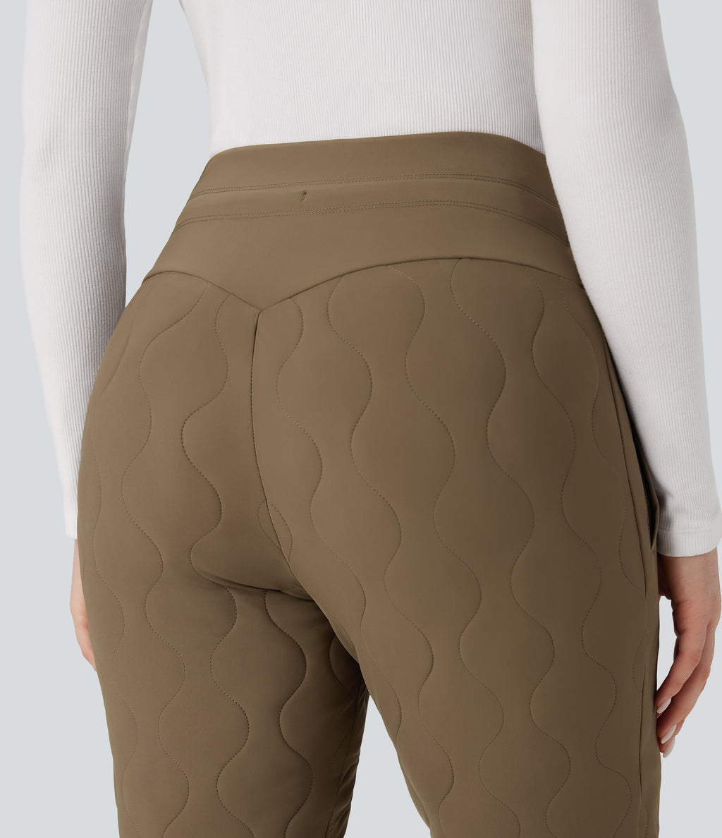 PuffFlex High Waisted Drawstring Casual Quilted Joggers with Pockets — Chestnut Brown — view 6