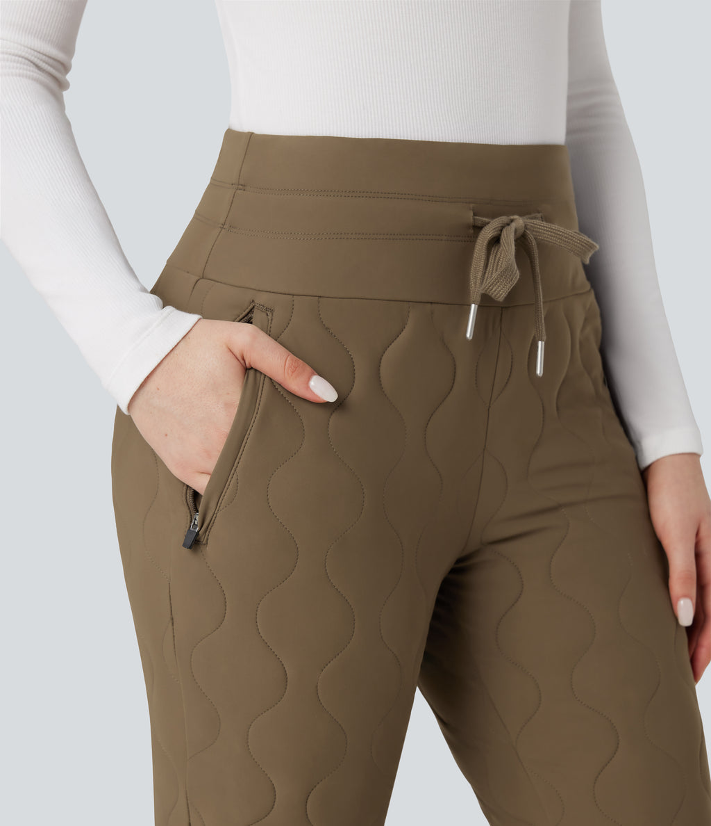 PuffFlex High Waisted Drawstring Casual Quilted Joggers with Pockets — Chestnut Brown — view 4