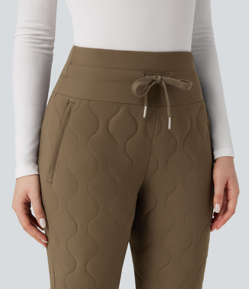 PuffFlex High Waisted Drawstring Casual Quilted Joggers with Pockets — Chestnut Brown — view 5