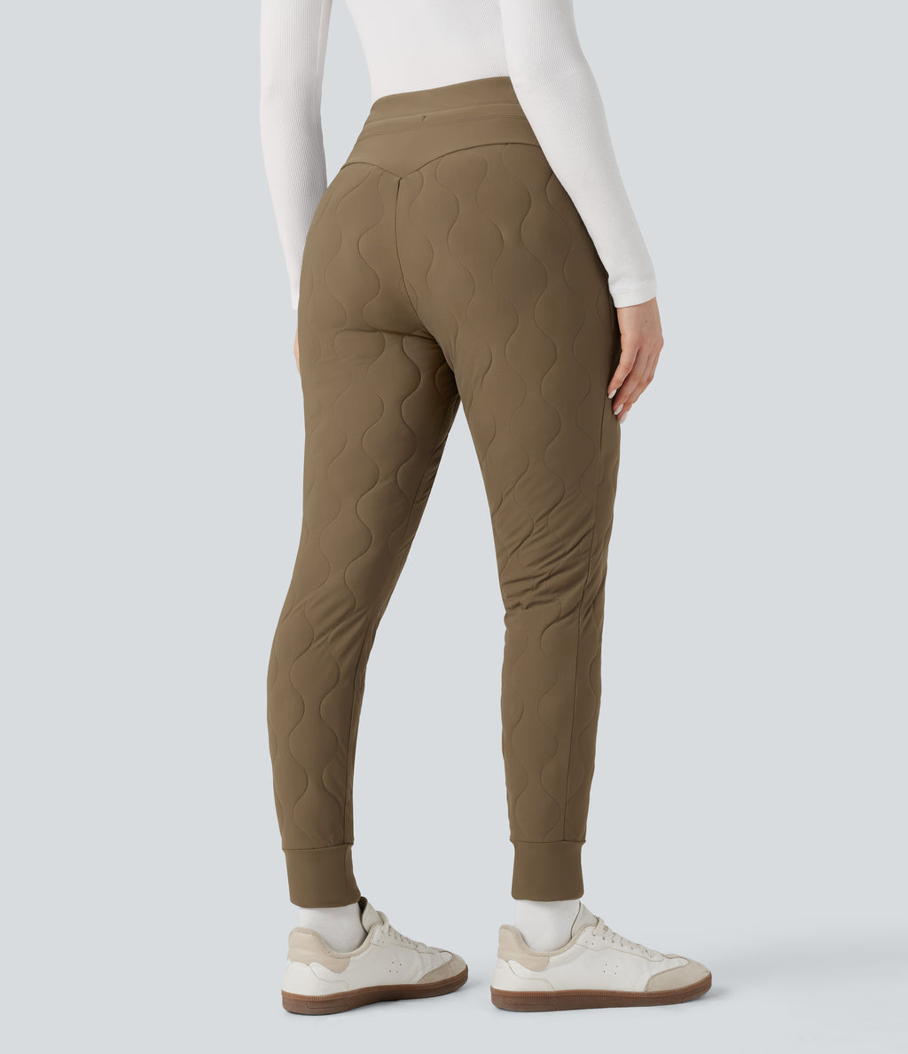 PuffFlex High Waisted Drawstring Casual Quilted Joggers with Pockets — Chestnut Brown — view 2