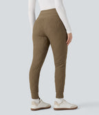 PuffFlex High Waisted Drawstring Casual Quilted Joggers with Pockets — Chestnut Brown — view 2