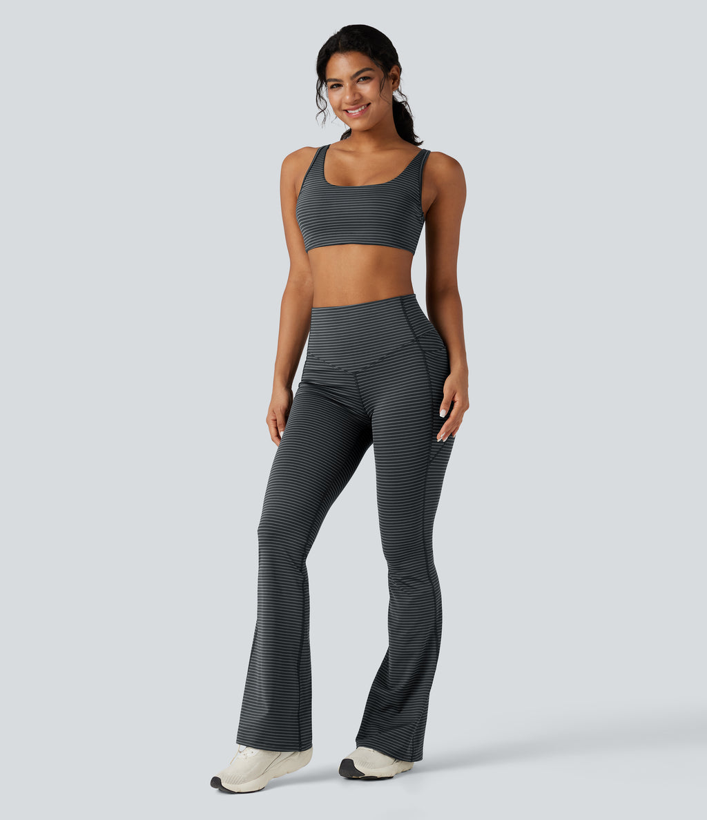 High-waisted Tummy Control Striped Yoga Bootcut Legging with Pockets — Steel Stripe — view 7