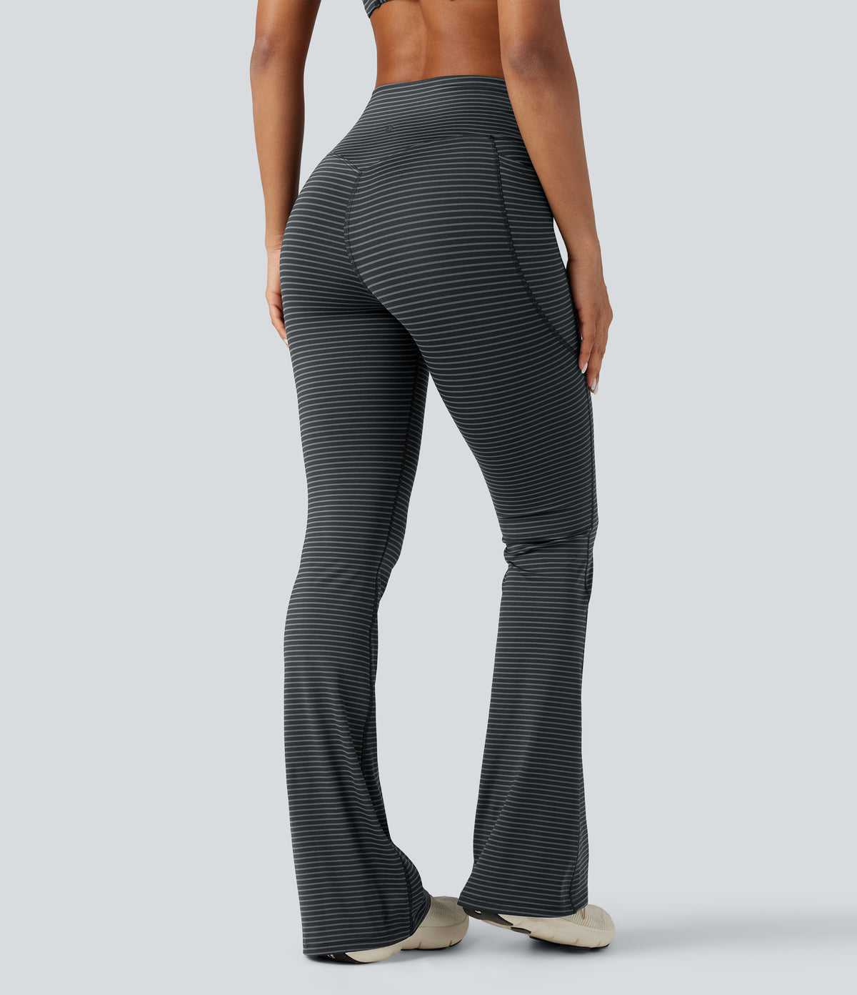 High-waisted Tummy Control Striped Yoga Bootcut Legging with Pockets — Steel Stripe — view 2