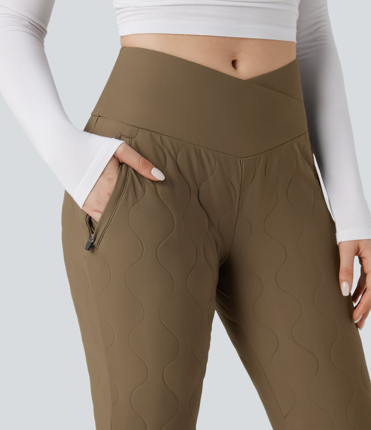 PuffFlex Crossover High Waisted Casual Quilted Joggers with Pockets — Chestnut Brown — view 4