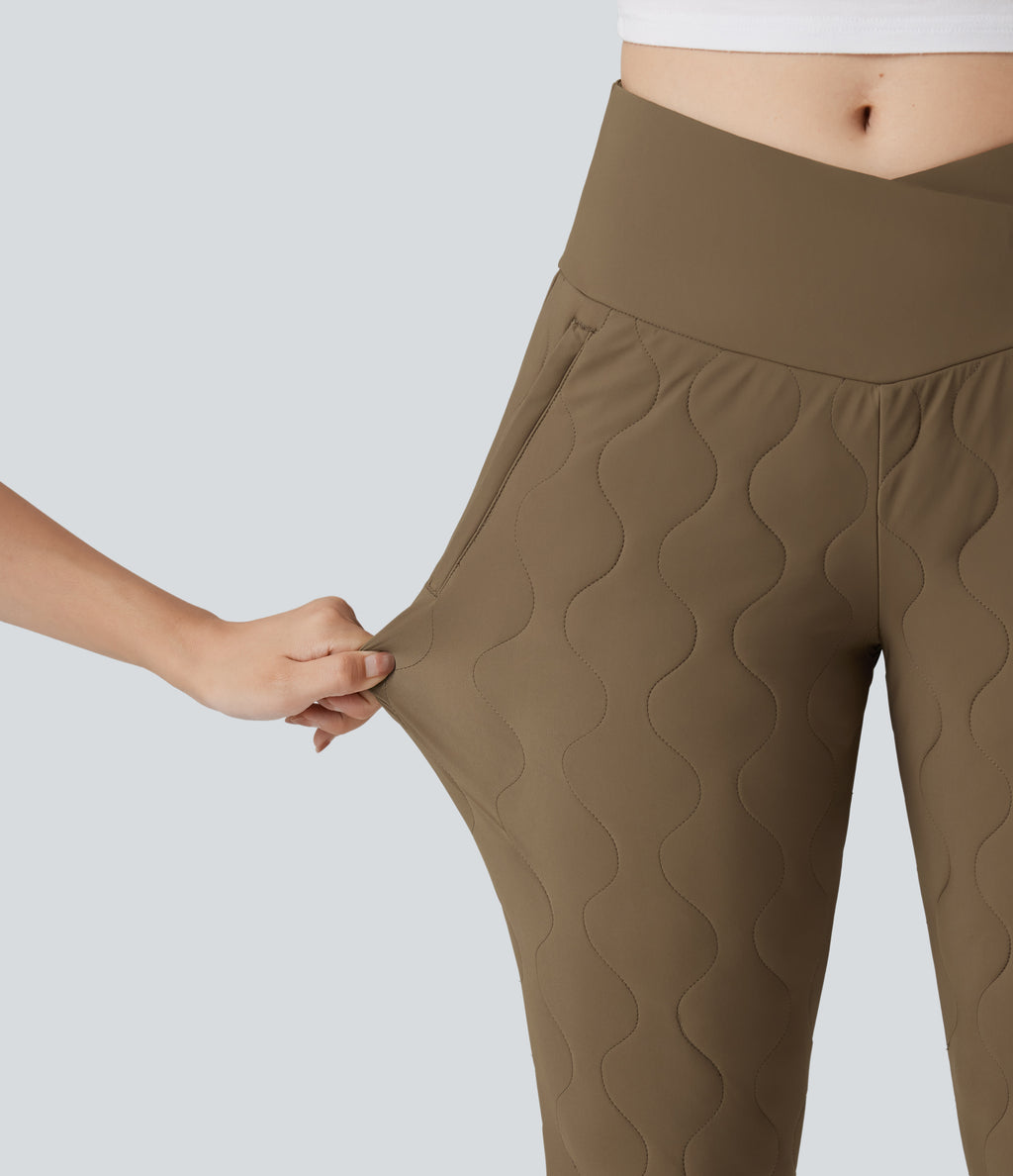 PuffFlex Crossover High Waisted Casual Quilted Joggers with Pockets — Chestnut Brown — view 5