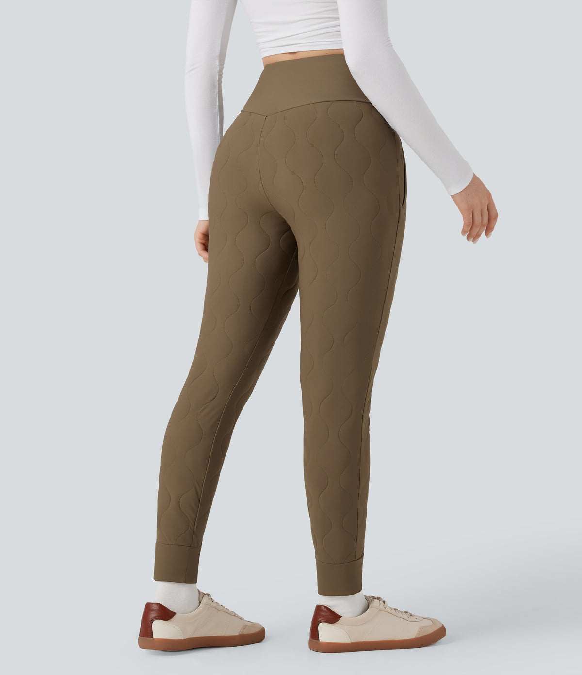 PuffFlex Crossover High Waisted Casual Quilted Joggers with Pockets — Chestnut Brown — view 2