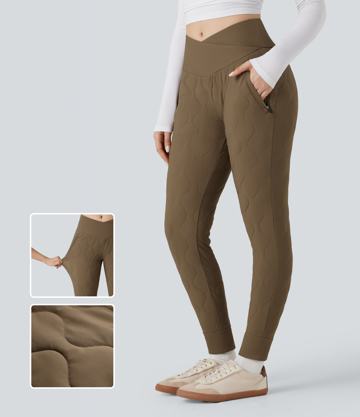 PuffFlex Crossover High Waisted Casual Quilted Joggers with Pockets — Chestnut Brown — view 1