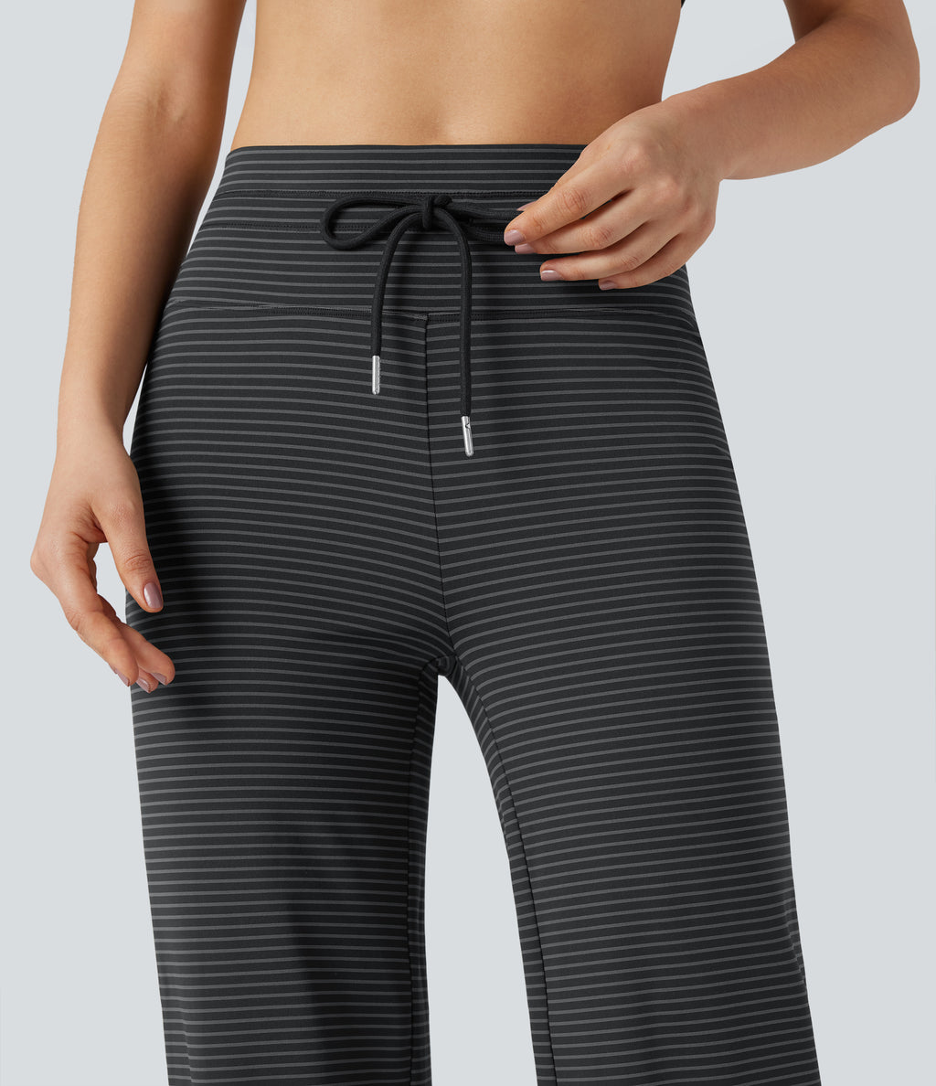 High-waisted Drawstring Stripe Yoga Straight-leg Trousers with Pockets — Steel Stripe — view 4