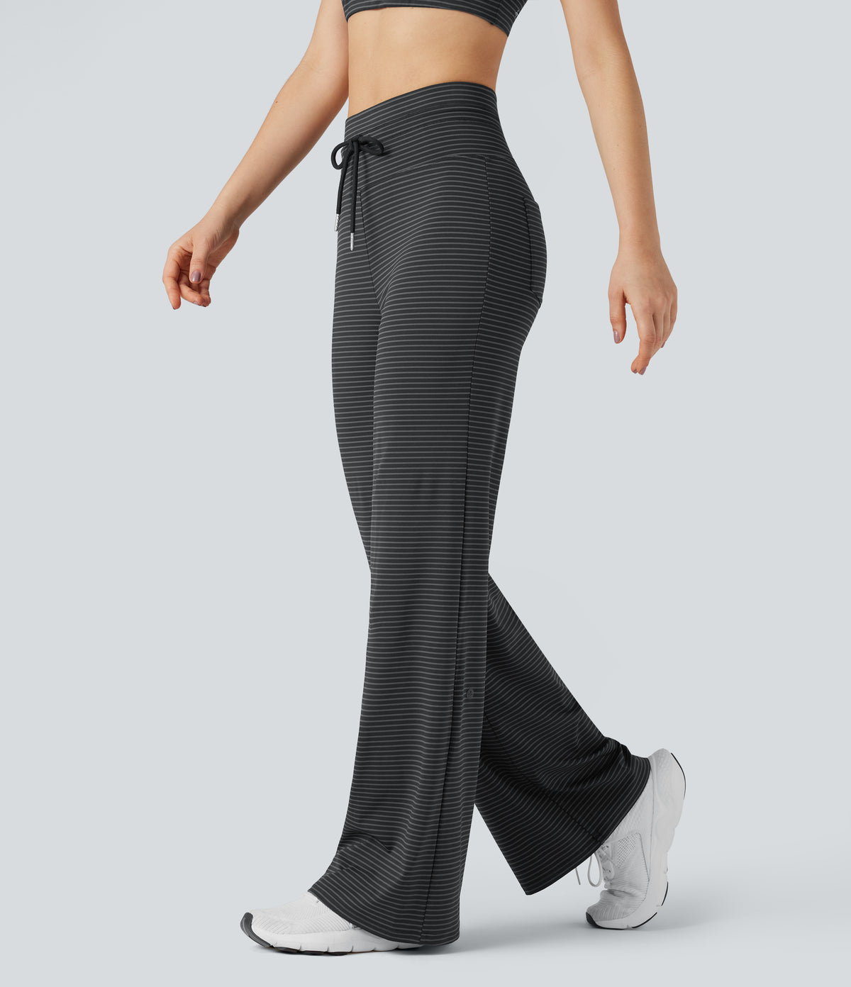 High-waisted Drawstring Stripe Yoga Straight-leg Trousers with Pockets — Steel Stripe — view 1
