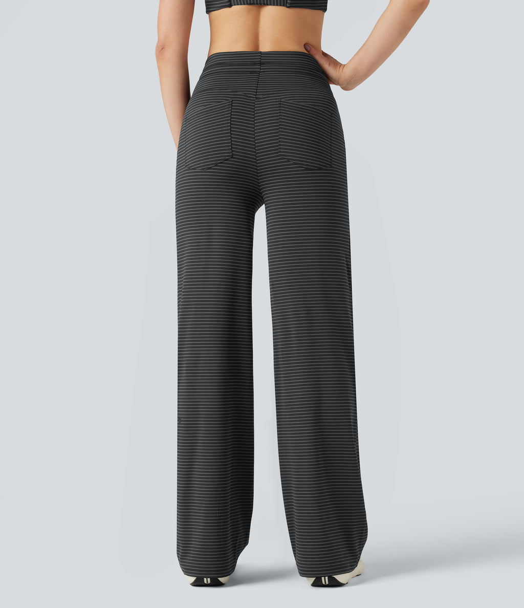 High-waisted Drawstring Stripe Yoga Straight-leg Trousers with Pockets — Steel Stripe — view 2