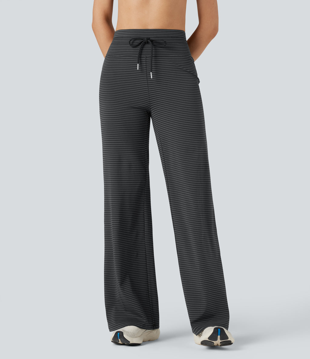 High-waisted Drawstring Stripe Yoga Straight-leg Trousers with Pockets — Steel Stripe — view 3