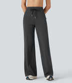 High-waisted Drawstring Stripe Yoga Straight-leg Trousers with Pockets — Steel Stripe — view 3