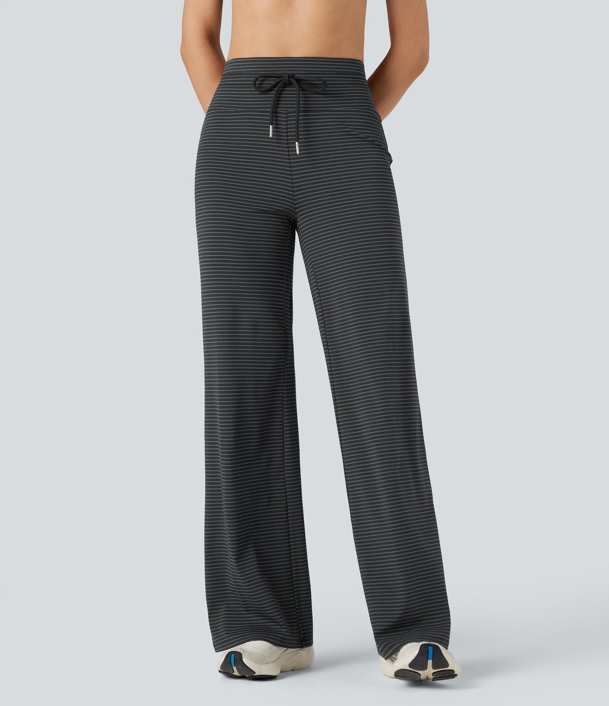 High-waisted Drawstring Stripe Yoga Straight-leg Trousers with Pockets — Steel Stripe — view 3