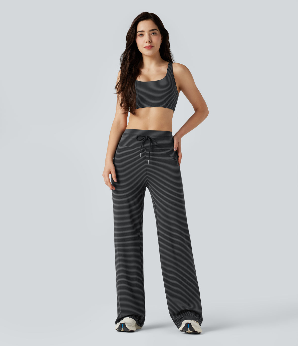 High-waisted Drawstring Stripe Yoga Straight-leg Trousers with Pockets — Steel Stripe — view 6