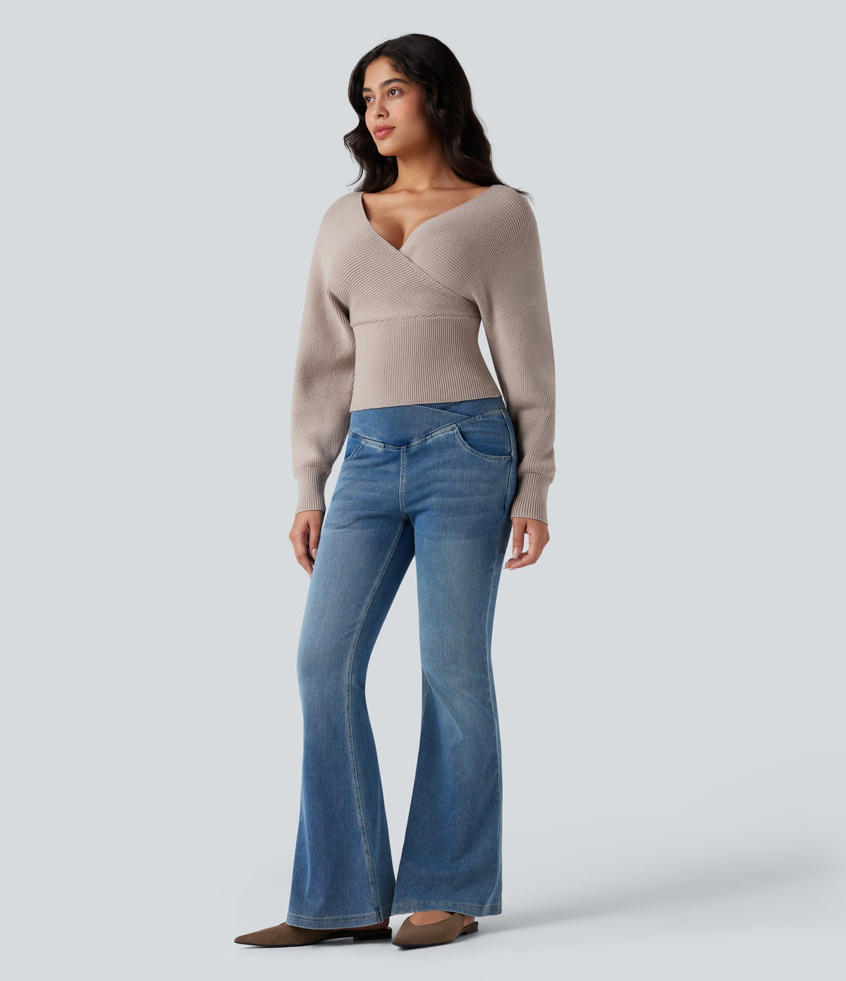 V-neck Batwing Long Sleeve Cut-out Casual Jumper — Moonbeam — view 6