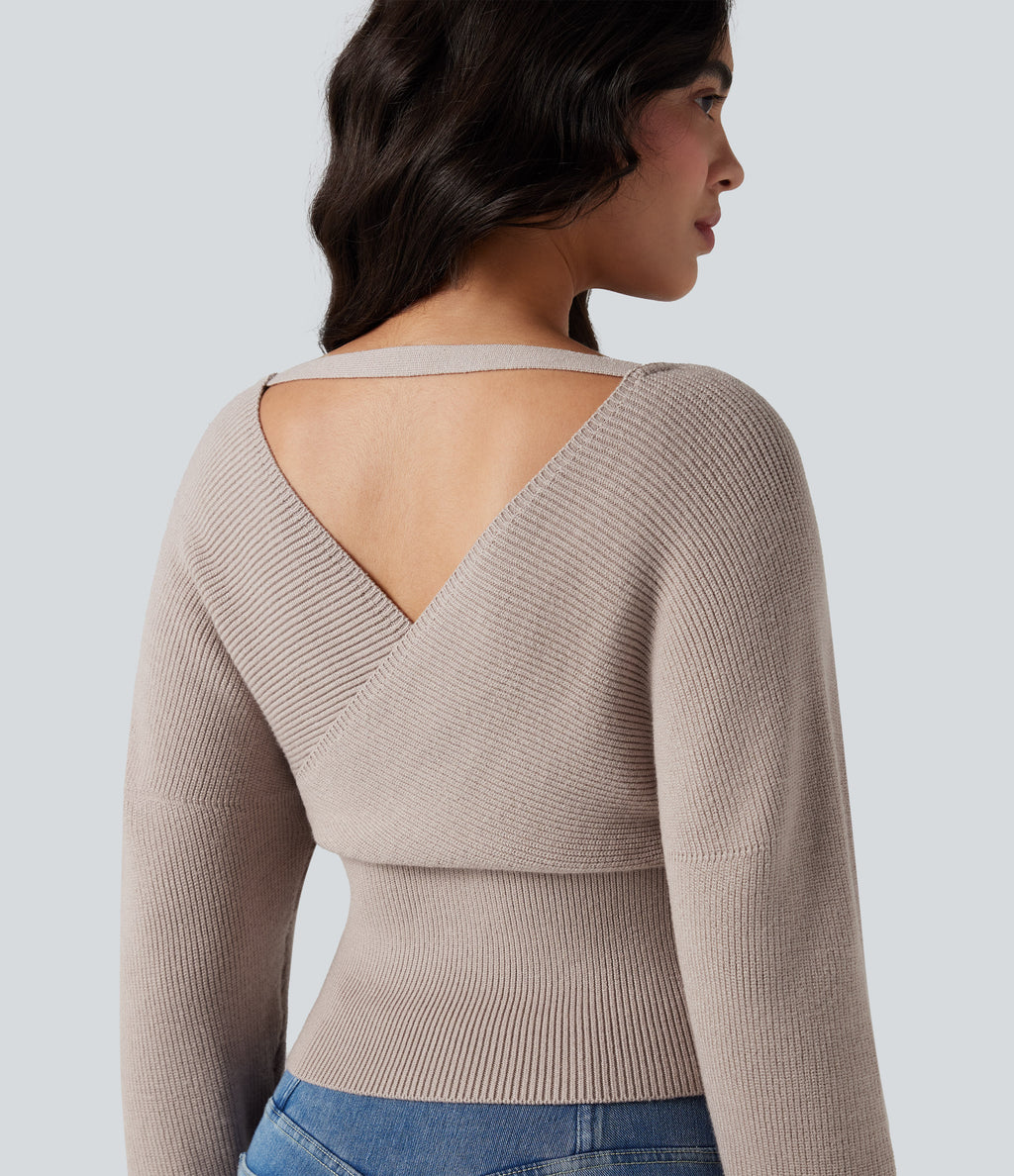 V-neck Batwing Long Sleeve Cut-out Casual Jumper — Moonbeam — view 5