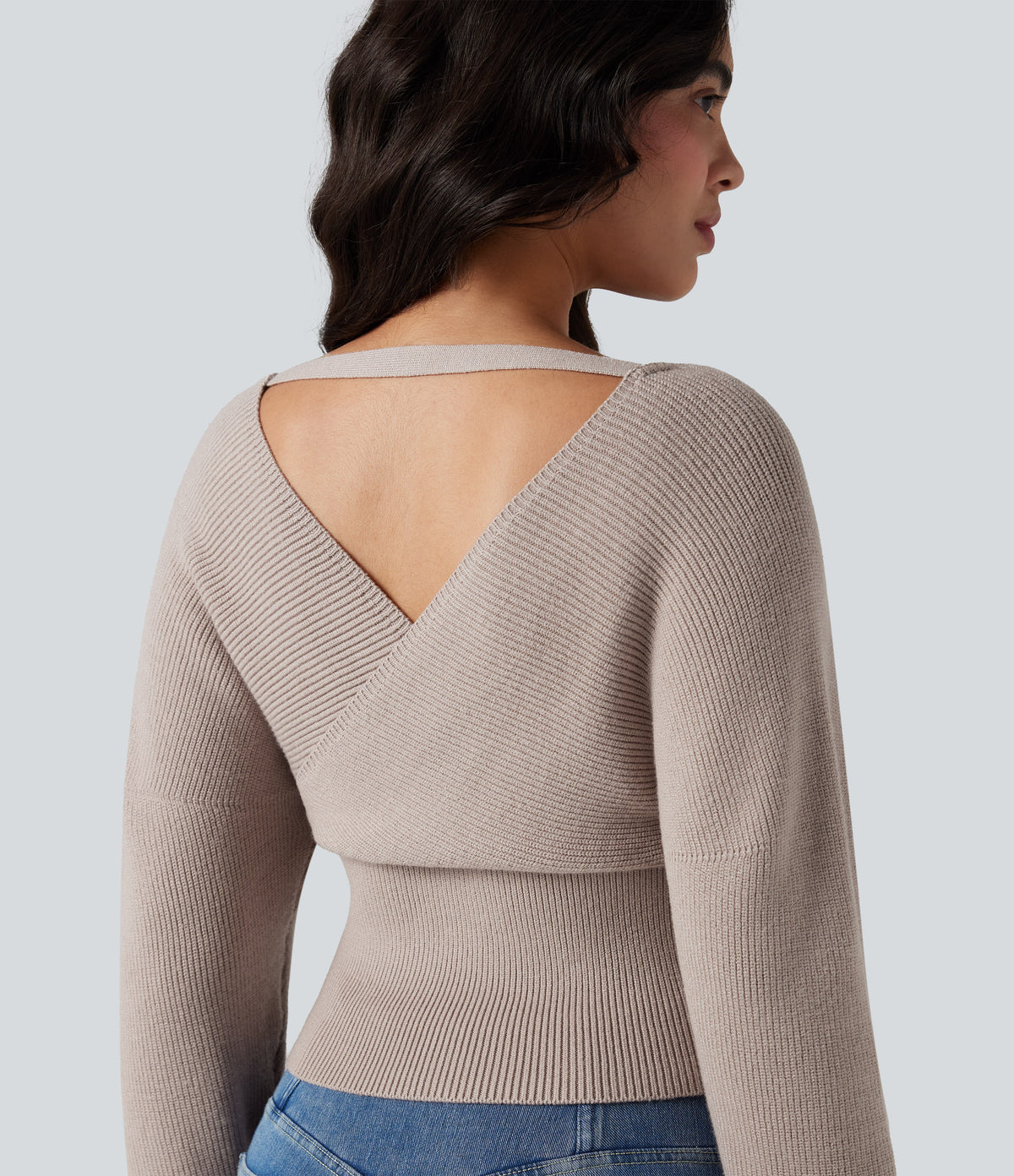 V-neck Batwing Long Sleeve Cut-out Casual Jumper — Moonbeam — view 5