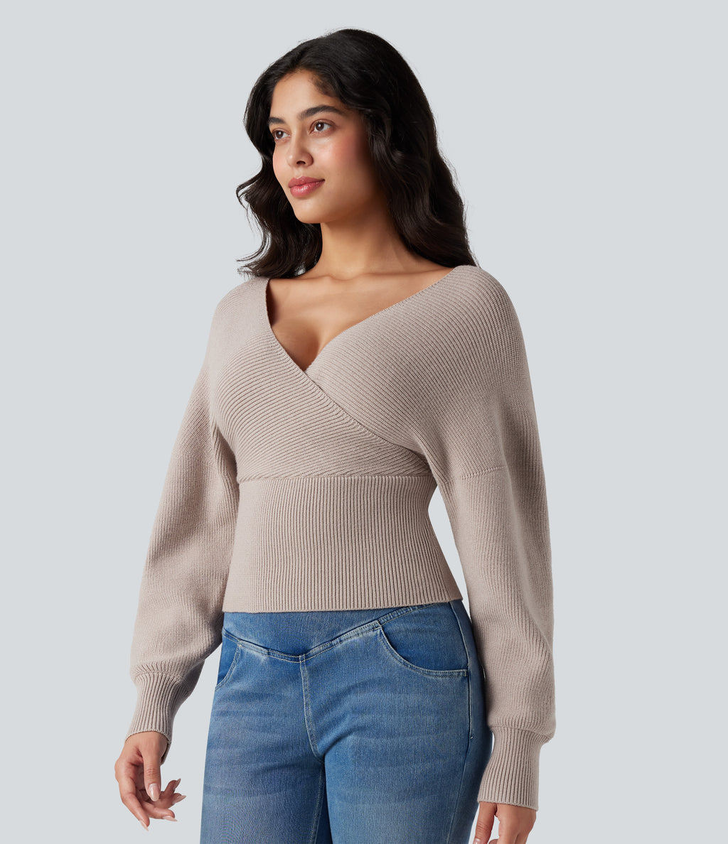 V-neck Batwing Long Sleeve Cut-out Casual Jumper — Moonbeam — view 3