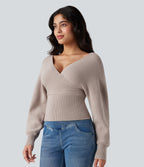 V-neck Batwing Long Sleeve Cut-out Casual Jumper — Moonbeam — view 3
