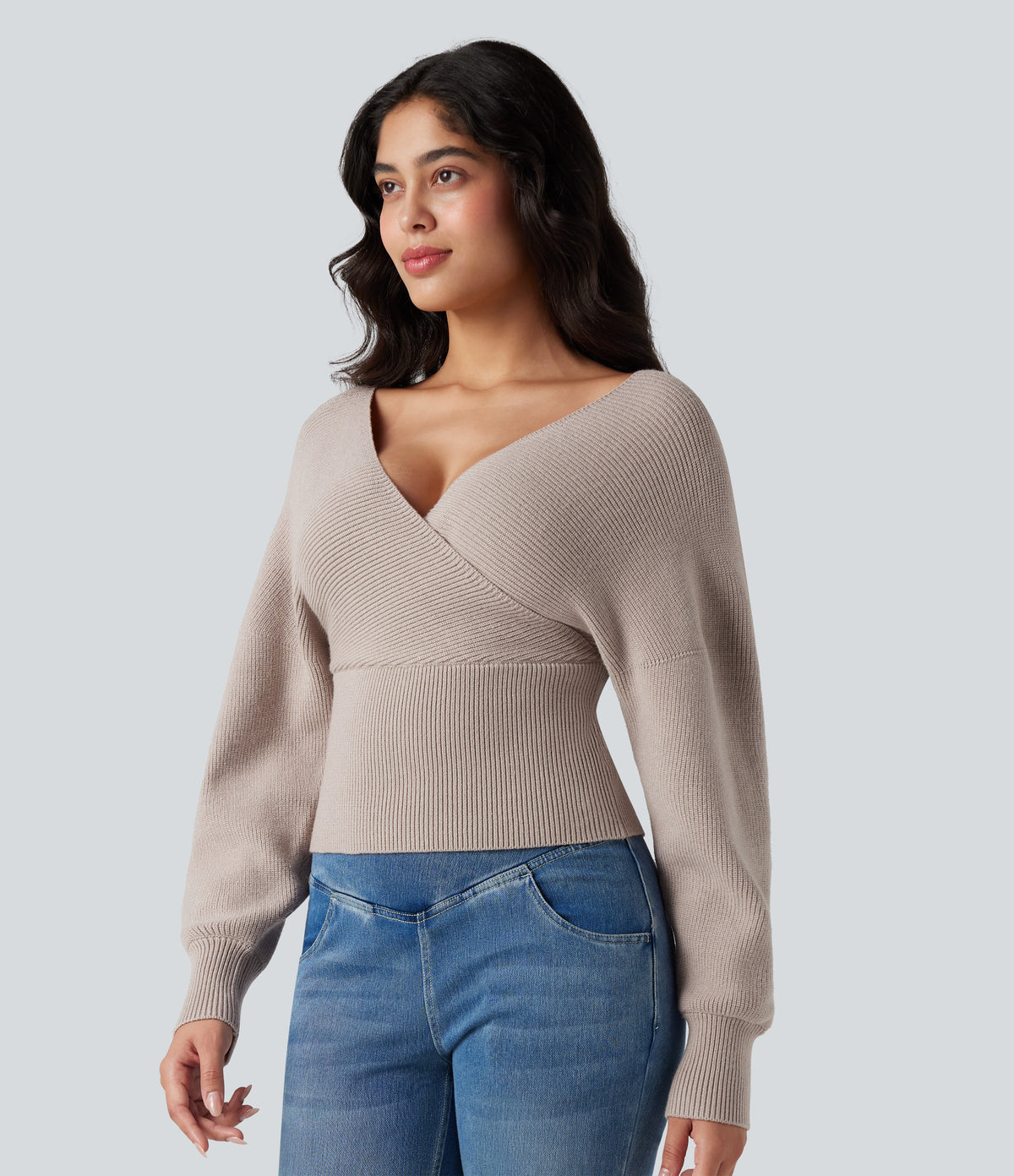 V-neck Batwing Long Sleeve Cut-out Casual Jumper — Moonbeam — view 3