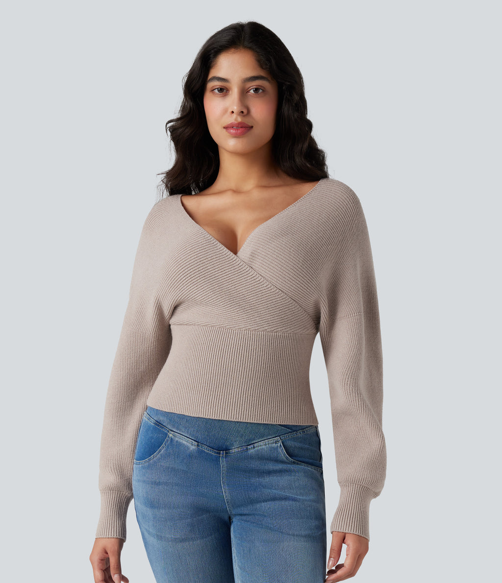 V-neck Batwing Long Sleeve Cut-out Casual Jumper — Moonbeam — view 2