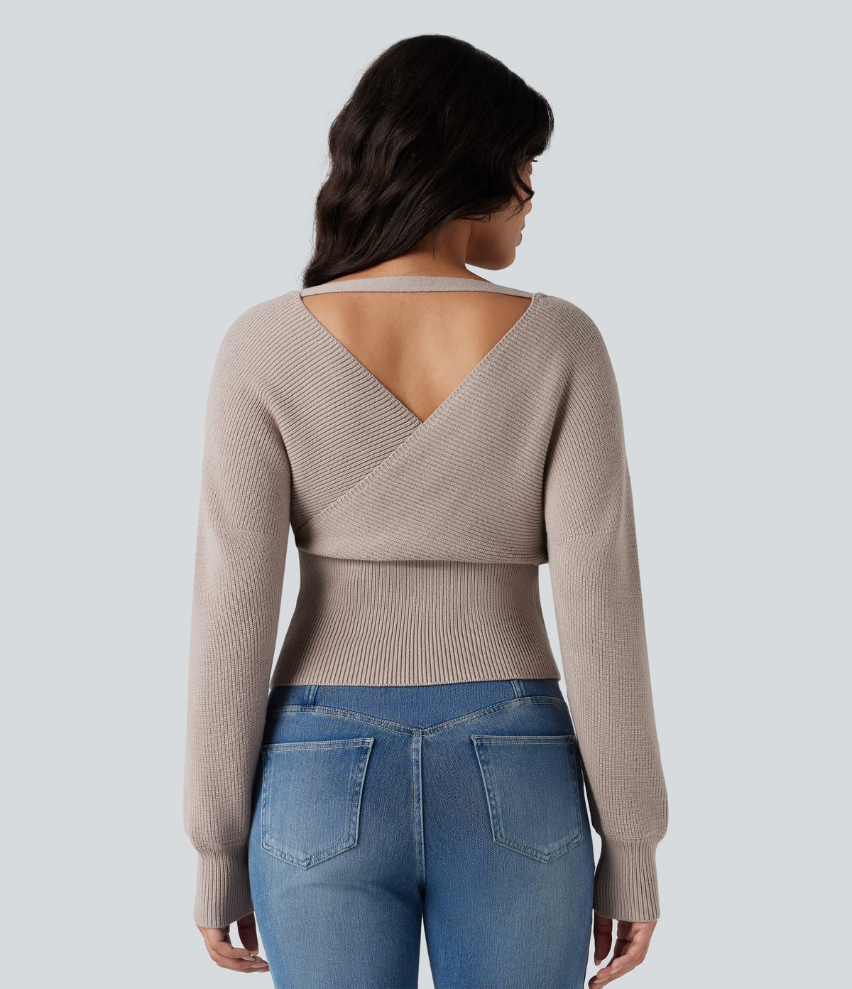 V-neck Batwing Long Sleeve Cut-out Casual Jumper — Moonbeam — view 1