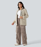 Stand Collar Zip Fly Relaxed Hiking Teddy Jacket with Pockets — Almond Milk — view 7