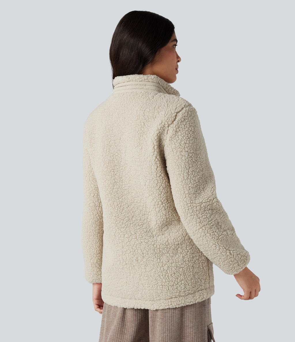 Stand Collar Zip Fly Relaxed Hiking Teddy Jacket with Pockets — Almond Milk — view 2