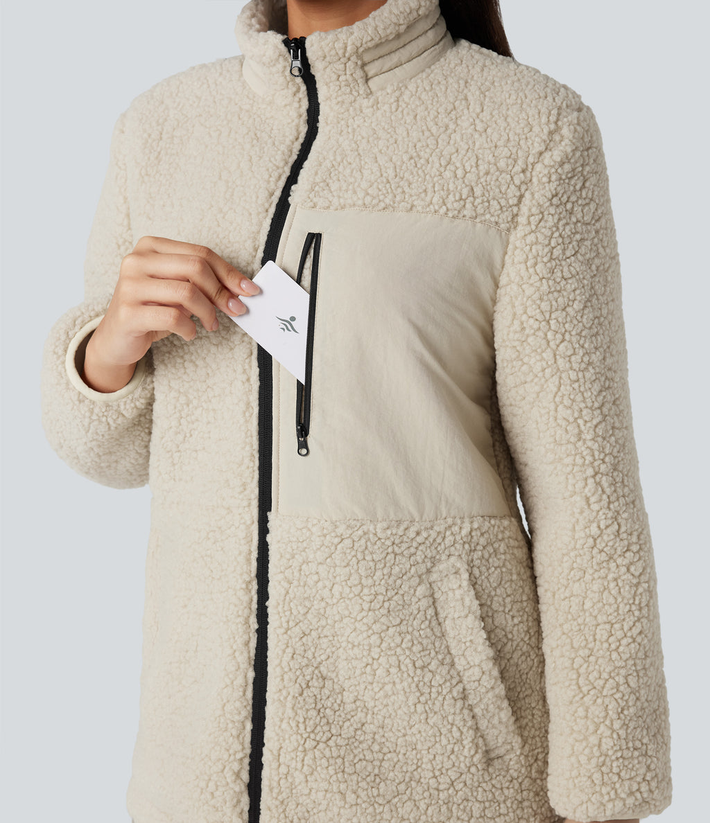 Stand Collar Zip Fly Relaxed Hiking Teddy Jacket with Pockets — Almond Milk — view 4