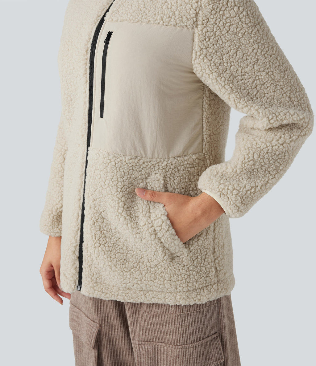 Stand Collar Zip Fly Relaxed Hiking Teddy Jacket with Pockets — Almond Milk — view 5