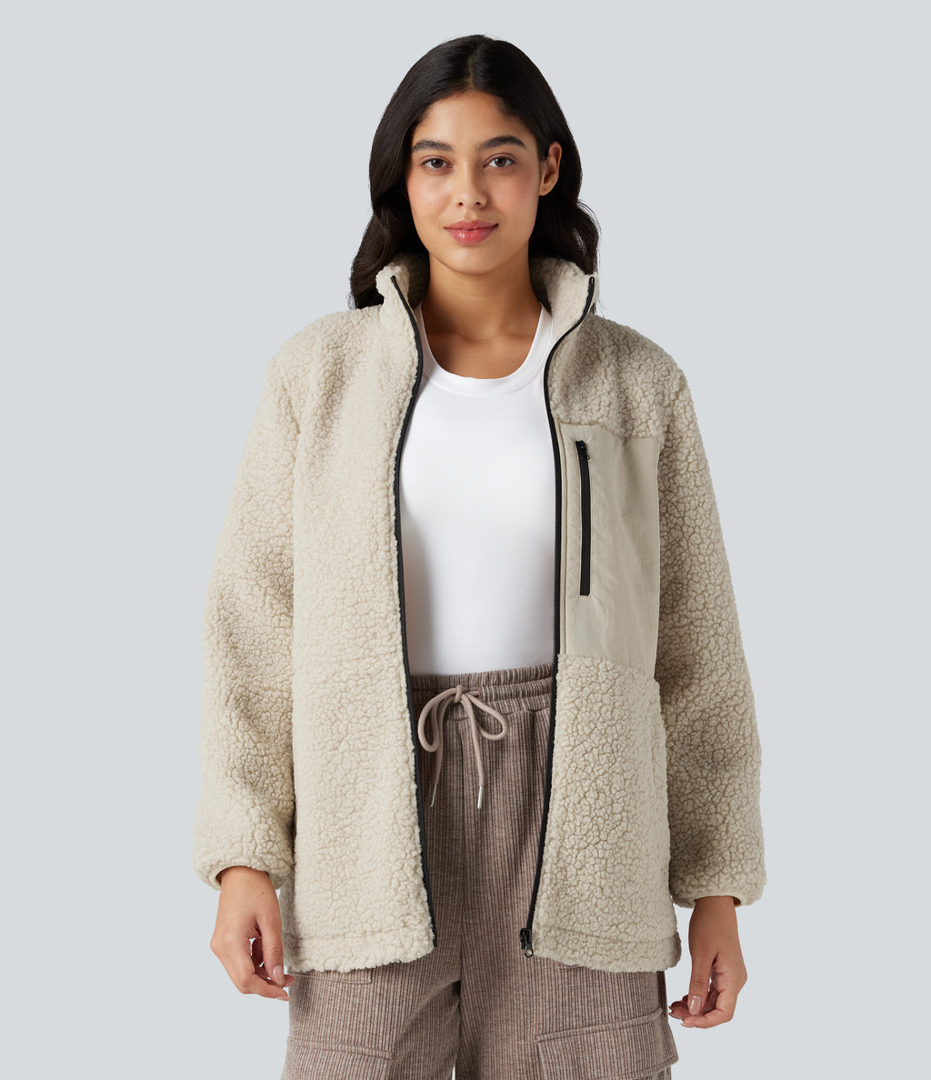 Stand Collar Zip Fly Relaxed Hiking Teddy Jacket with Pockets — Almond Milk — view 3