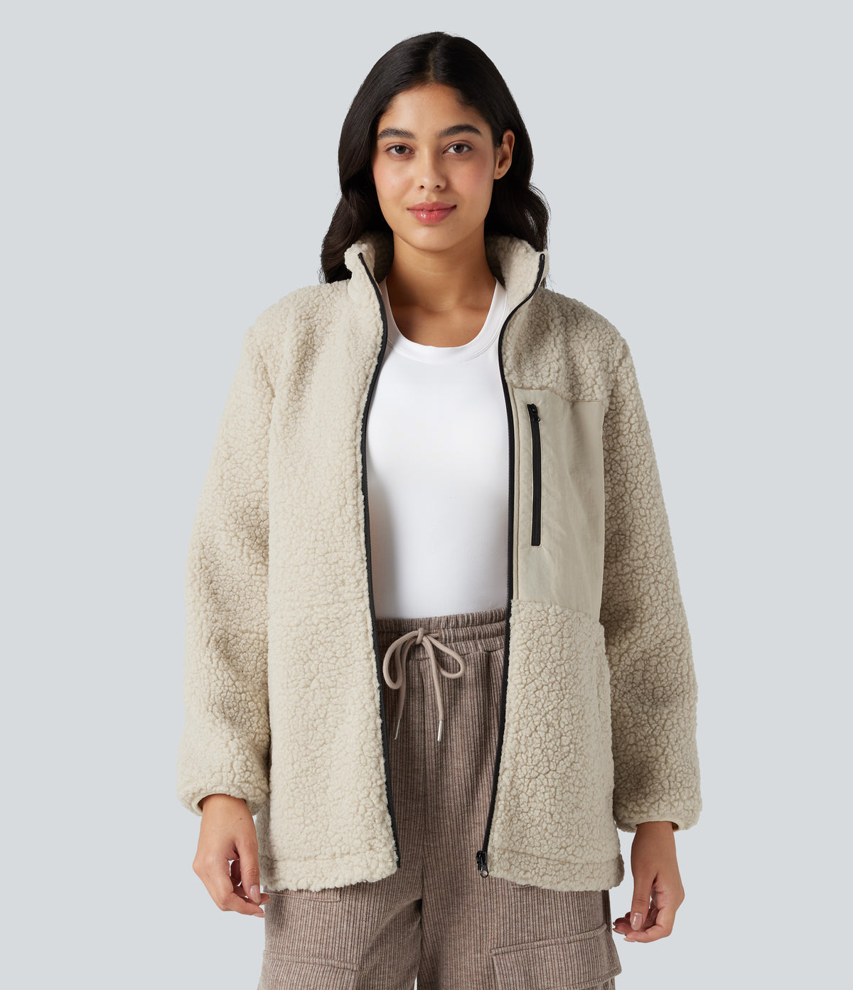 Stand Collar Zip Fly Relaxed Hiking Teddy Jacket with Pockets — Almond Milk — view 3