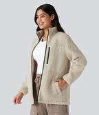 Stand Collar Zip Fly Relaxed Hiking Teddy Jacket with Pockets — Almond Milk — view 1