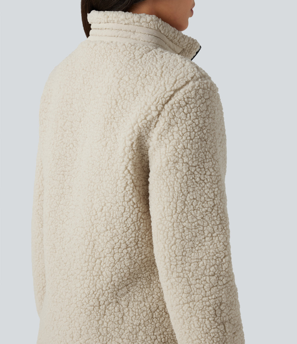 Stand Collar Zip Fly Relaxed Hiking Teddy Jacket with Pockets — Almond Milk — view 6