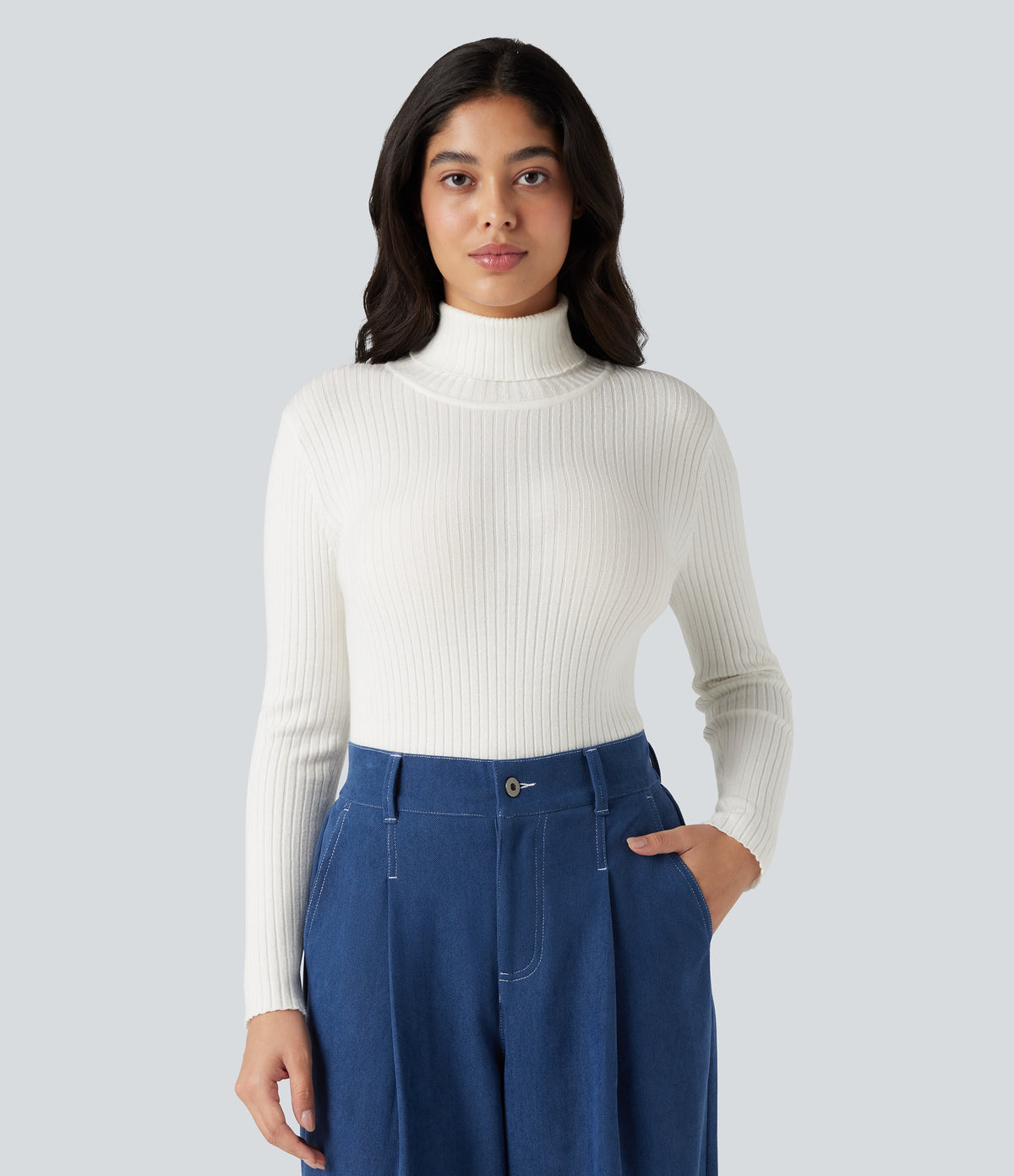 High Neck Long Sleeve Work Jumper — White — view 3