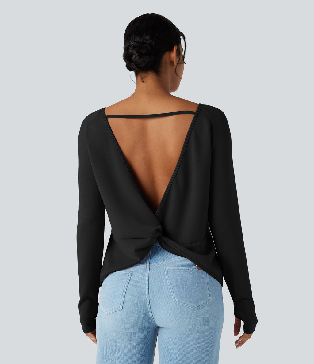 SpacerTek Backless Twisted Long Sleeve Thumb Holes Casual Sweatshirt with Pockets — Black — view 4