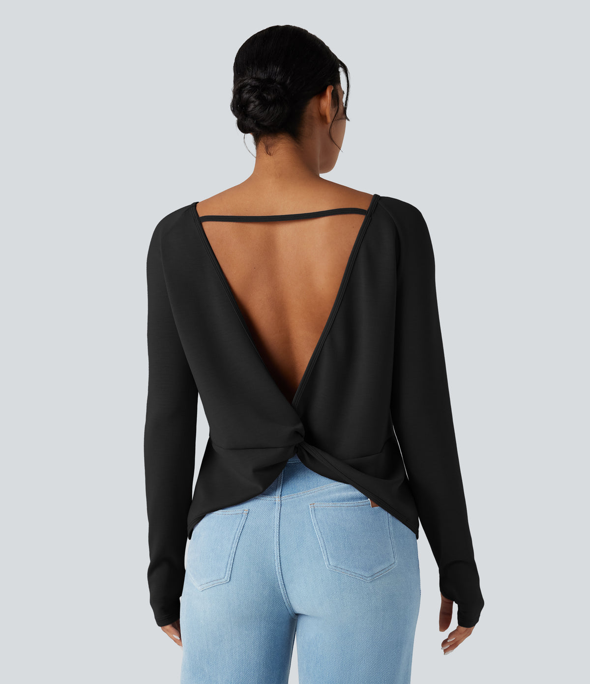SpacerTek Backless Twisted Long Sleeve Thumb Holes Casual Sweatshirt with Pockets — Black — view 4