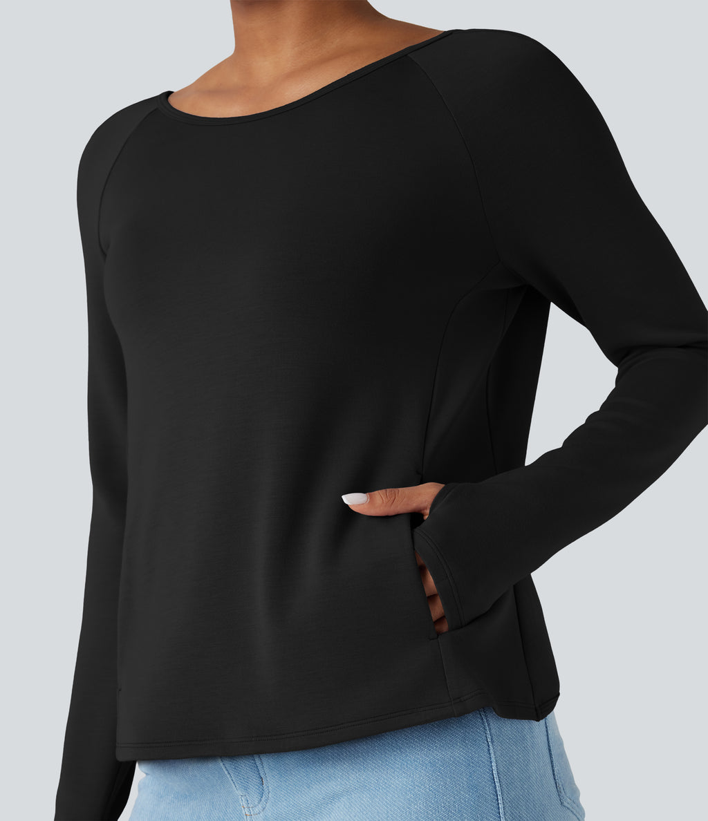 SpacerTek Backless Twisted Long Sleeve Thumb Holes Casual Sweatshirt with Pockets — Black — view 5