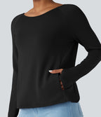 SpacerTek Backless Twisted Long Sleeve Thumb Holes Casual Sweatshirt with Pockets — Black — view 5