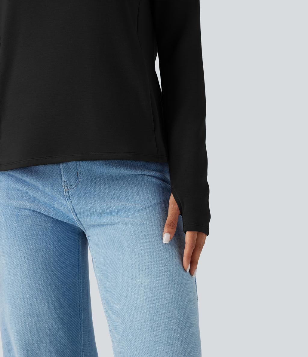 SpacerTek Backless Twisted Long Sleeve Thumb Holes Casual Sweatshirt with Pockets — Black — view 7
