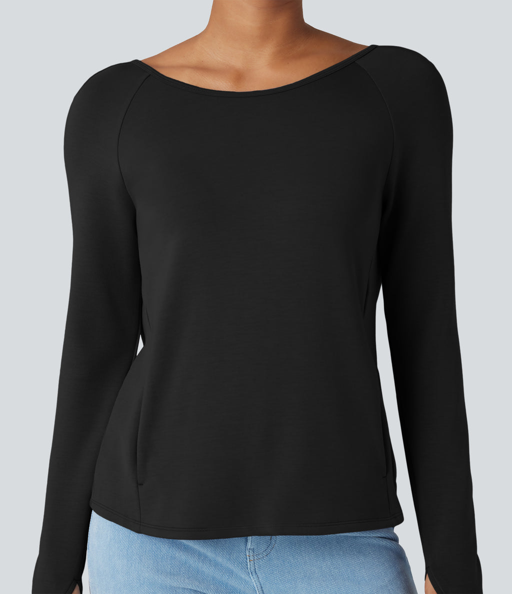 SpacerTek Backless Twisted Long Sleeve Thumb Holes Casual Sweatshirt with Pockets — Black — view 6