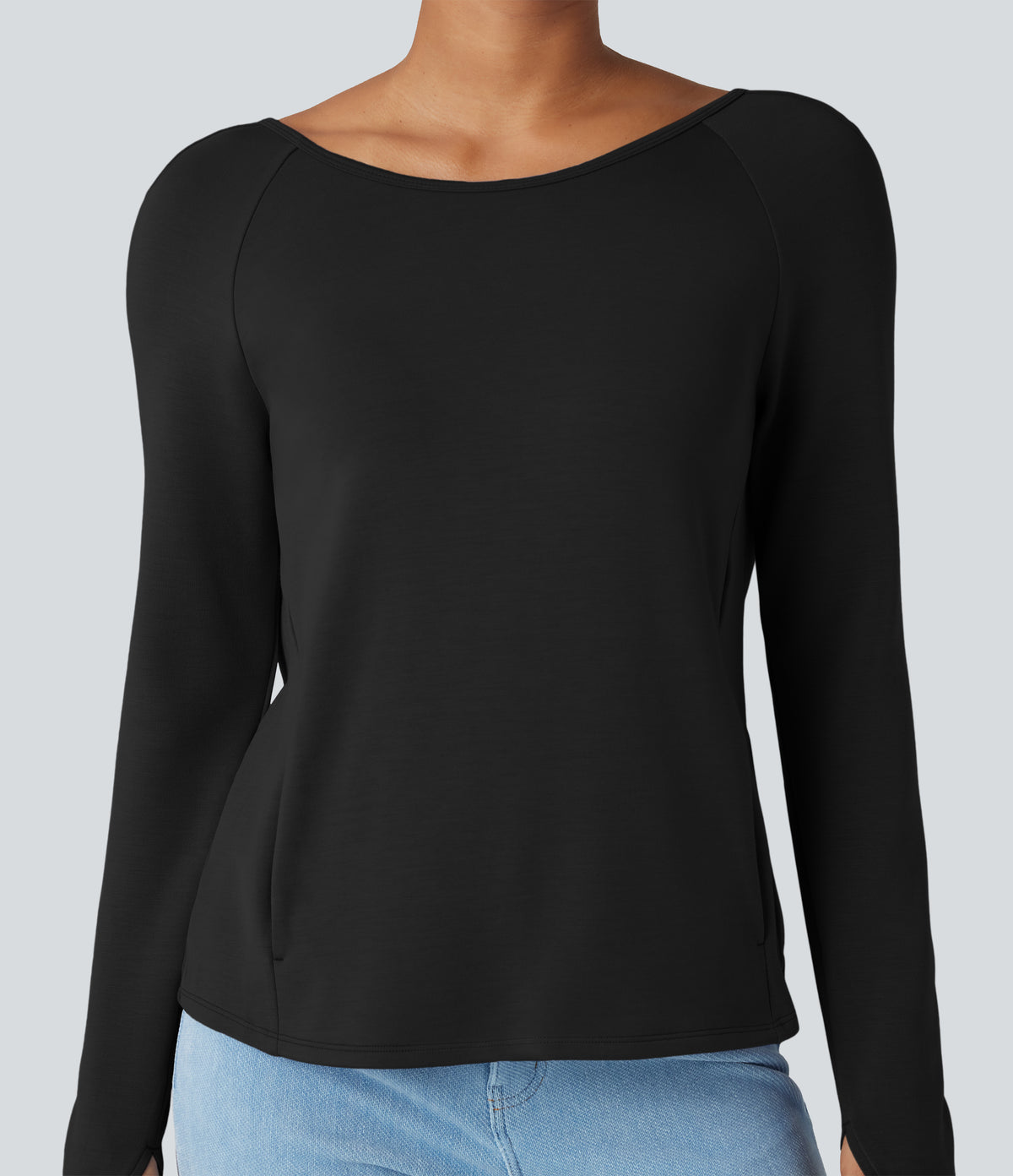 SpacerTek Backless Twisted Long Sleeve Thumb Holes Casual Sweatshirt with Pockets — Black — view 6