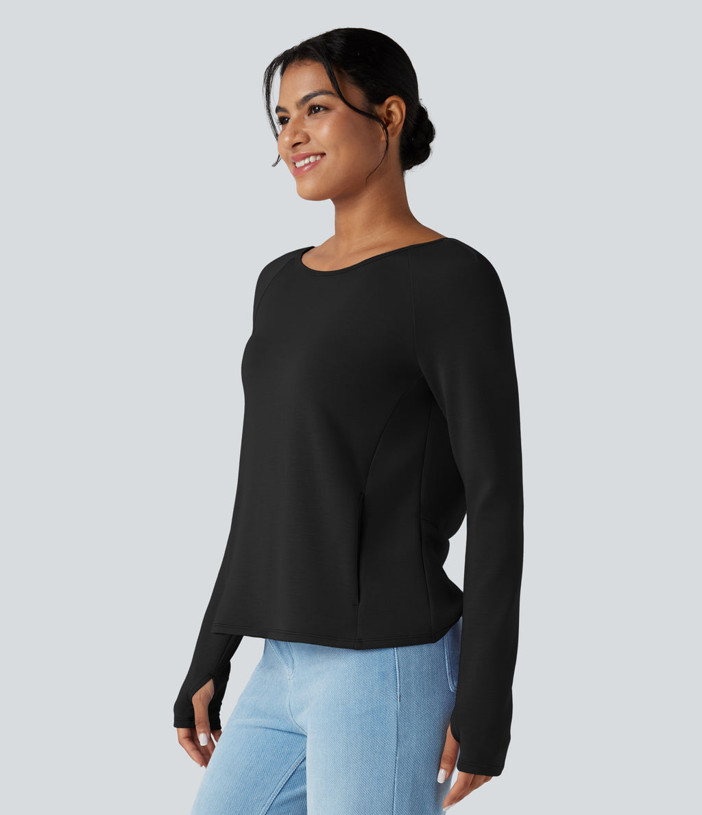 SpacerTek Backless Twisted Long Sleeve Thumb Holes Casual Sweatshirt with Pockets — Black — view 3