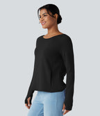 SpacerTek Backless Twisted Long Sleeve Thumb Holes Casual Sweatshirt with Pockets — Black — view 3