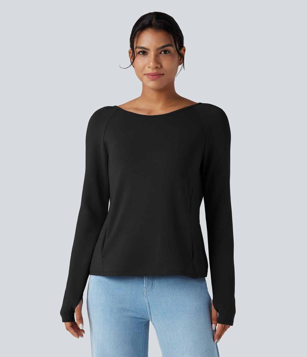 SpacerTek Backless Twisted Long Sleeve Thumb Holes Casual Sweatshirt with Pockets — Black — view 2