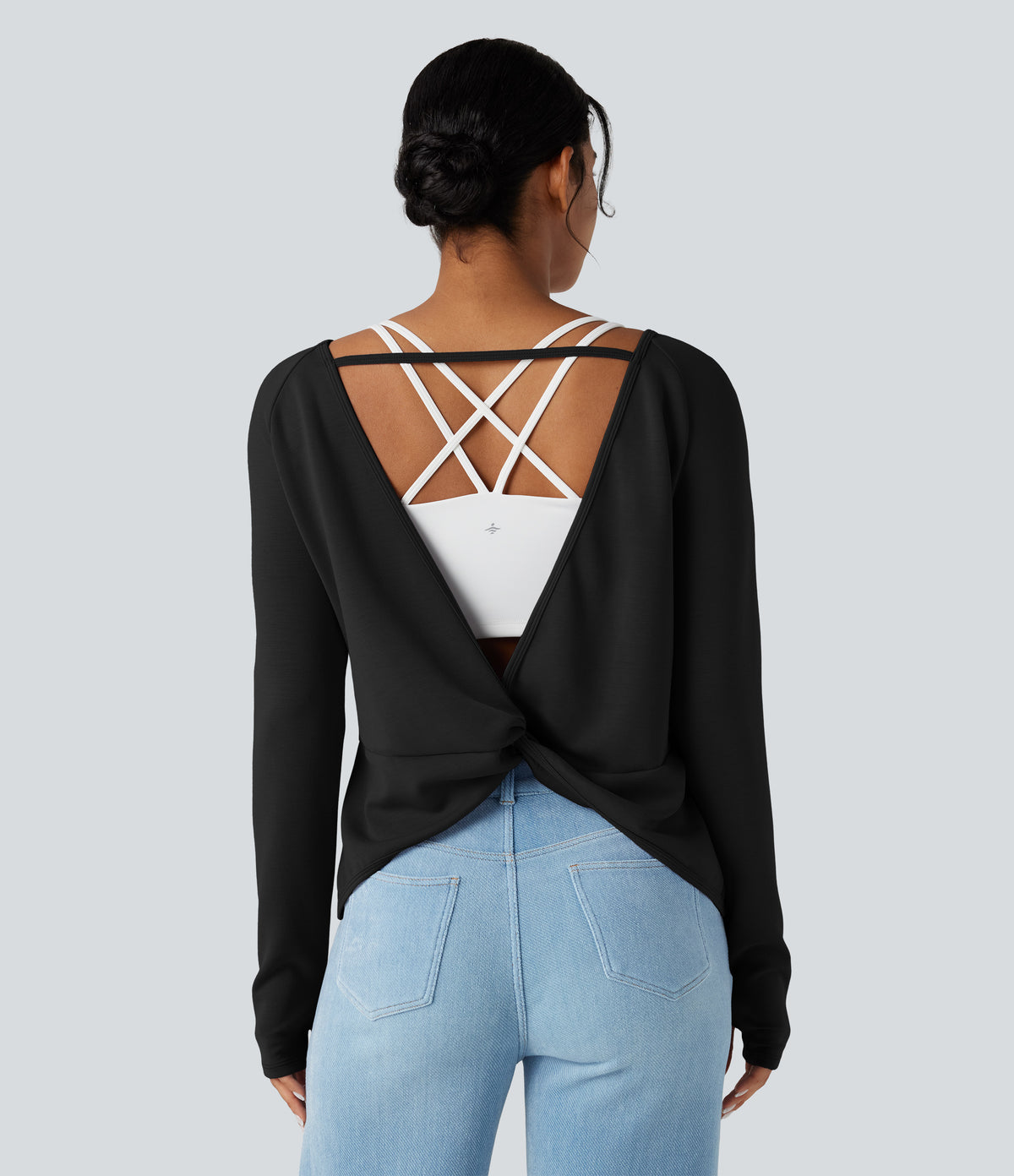 SpacerTek Backless Twisted Long Sleeve Thumb Holes Casual Sweatshirt with Pockets — Black — view 8