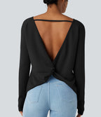 SpacerTek Backless Twisted Long Sleeve Thumb Holes Casual Sweatshirt with Pockets — Black — view 1