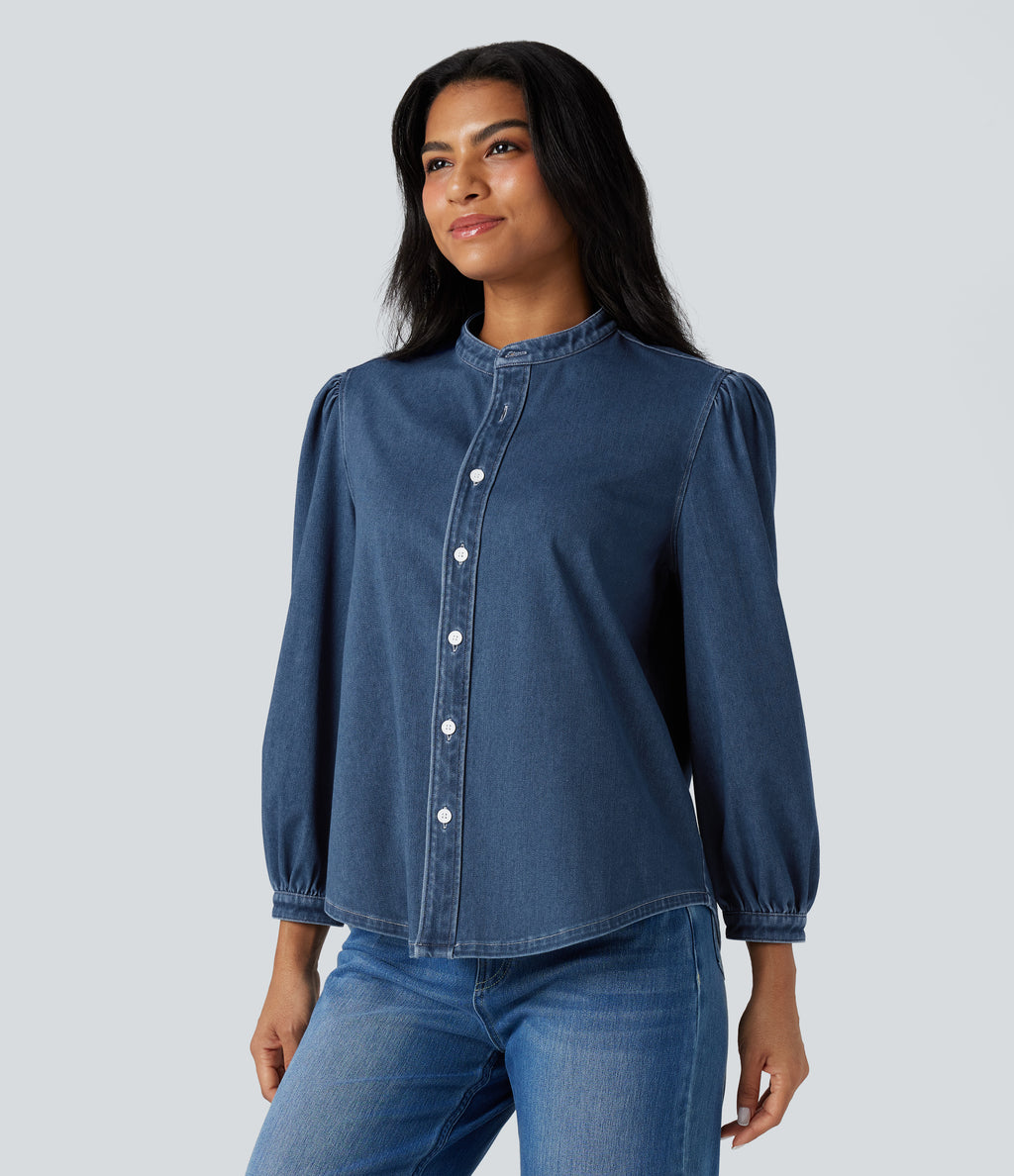 Stand Collar Puff 3/4 Sleeve Denim Casual Shirt — Estate Blue Denim — view 4